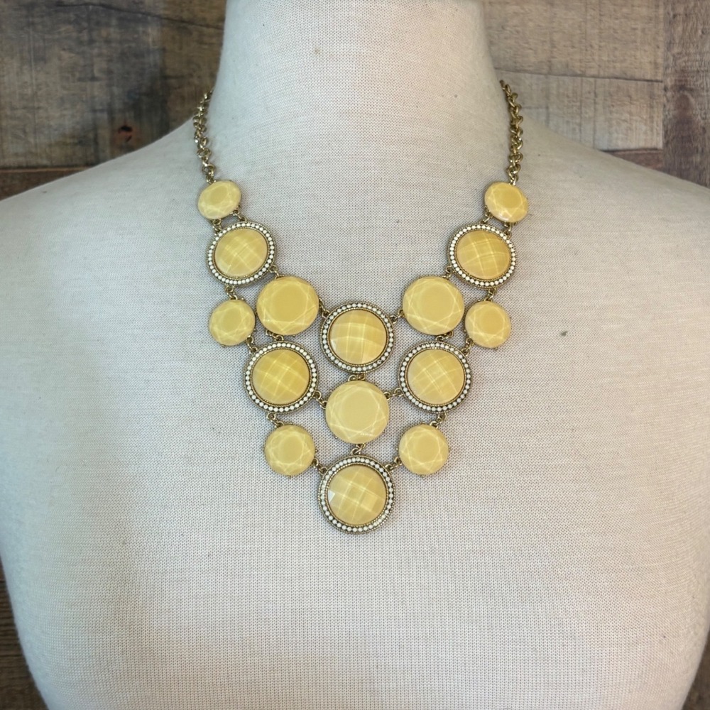 Yellow Statement Bib Necklace Gold Tone Tiered Round Cabochon